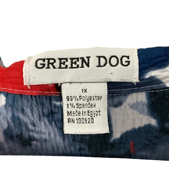 Green Dog Blouse Women 1X Red White Blue Button Floral Lightweight Crinkle Style - Picture 5 of 8